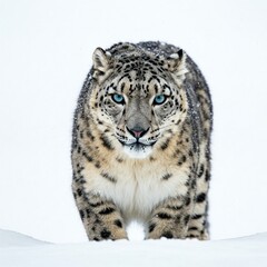 Obraz premium Endangered Snow leopard standing isolated on white background, perfect for wildlife conservation awareness 