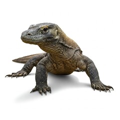 Obraz premium Close-up portrait of a Komodo dragon isolated on white background, endangered reptile species stock photo 