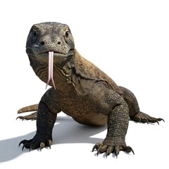 Obraz premium Endangered Komodo dragon standing isolated on white background, perfect for wildlife conservation awareness 