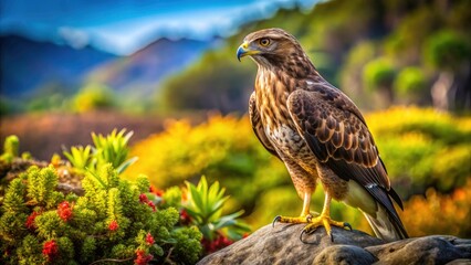 Fototapeta premium Galapagos Hawk Perched on a Boulder in High Depth of Field, Capturing Stunning Details of Nature, Wildlife, and Conservation in the Galapagos Islands