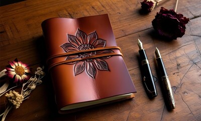 notebook and pen on wooden table