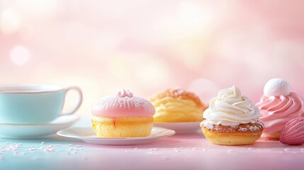 Assorted pastel-colored desserts displayed elegantly beside a cup of tea on a soft, blurred background