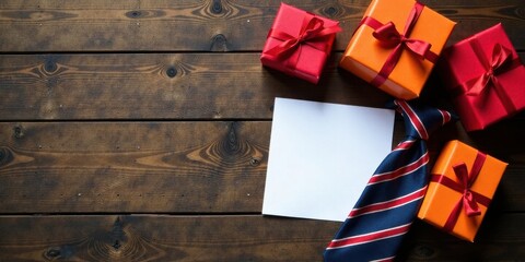Obraz premium A blank card rests among festively wrapped gifts and a neatly folded necktie on a rustic wooden surface, perfect for celebratory messages.