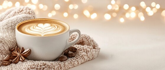 A cozy cup of latte art on a soft blanket, surrounded by coffee beans and warm bokeh lights, evoking comfort and relaxation.