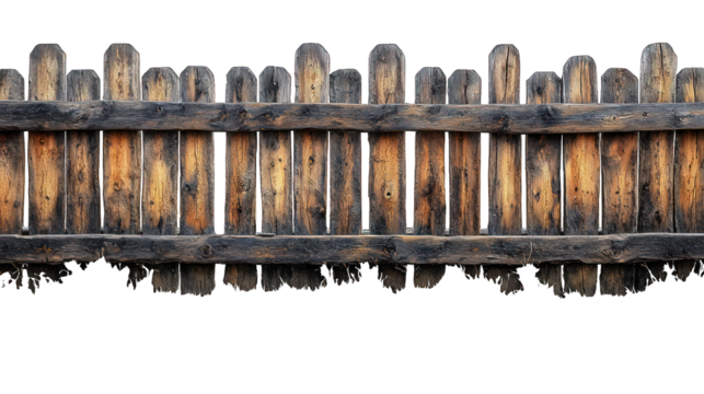 Wooden pole fence with a rustic design on a white background