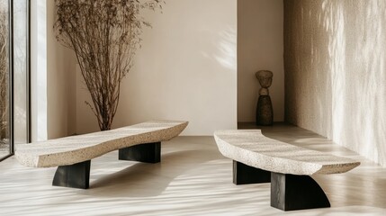 Minimalist Podcast Room: Terrazzo Benches Natural Decor 