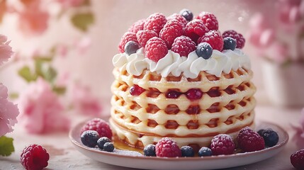 Delicious raspberry waffle cake bakery food photography bright setting
