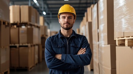 A confident warehouse worker in a yellow hard hat stands in front of stacked boxes, showcasing a professional atmosphere in a logistics environment.