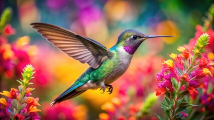 Fototapeta premium Hummingbird in Flight: A Kaleidoscopic Marvel with Vibrant Colors, High Depth of Field, Nature's Beauty, and Captivating Motion