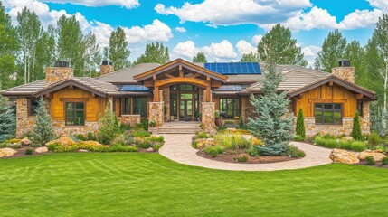 A beautiful luxurious house with landscaping and solar panels on roof