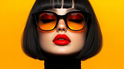 Woman with glossy red lips and black hair wears vintage-style glasses against a bright yellow background.