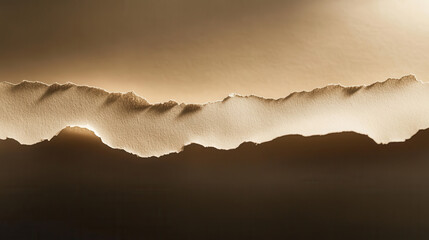 Fine art close-up of a single sheet of paper ripped down the center, curling edges with dramatic texture, set against a contrasting dual-tone backdrop--dark tan blending to cream