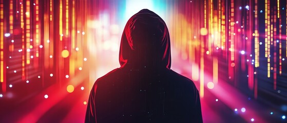 Cyber technology and anonymous concept with front view on faceless person in hoody and snickers on abstract digital background with bright glowing projection beams