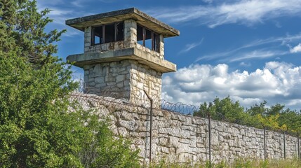 Obraz premium Abandoned Stone Prison Watchtower with Barbed Wire Fence 