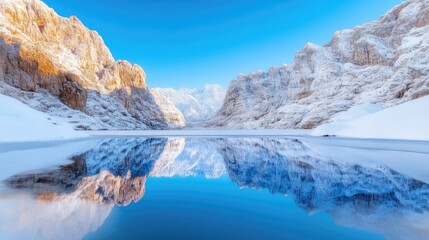 Frozen lake reflecting snow-capped mountains.  Sunrise