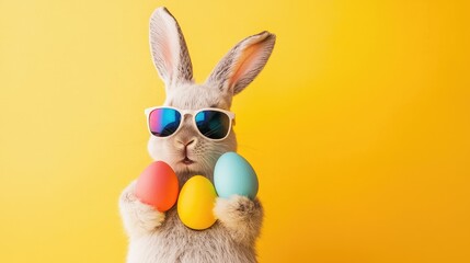 Obraz premium Funny Easter bunny in white sunglasses holding colorful eggs on bright yellow background. Great for spring promotions, greeting cards, and festive advertising content