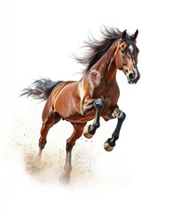 Obraz premium A dynamic and cheerful horse jumping with full energy, its legs extended and mane flying, captured in front of a white background, showcasing its vitality.
