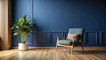 Panoramic Dark Blue Room Interior Design: Wooden Panel, Armchair, Plant, 3D Render