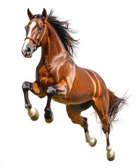Obraz premium A lively horse happily jumping, its hooves raised high in the air, set against a pure white background, exuding vitality and elegance.