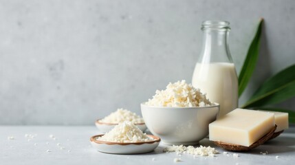 Fototapeta premium Creamy Coconut Milk and Flakes with Homemade Soap in a Relaxing Still Life