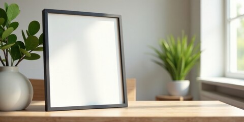 A Blank Picture Frame on a Wooden Table with Plants in a Sunlit Room