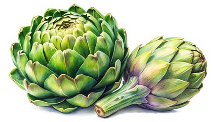 Fototapeta premium Watercolor Artichoke Still Life: Detailed Botanical Painting of Two Connected Artichokes