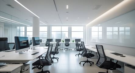 Bright office space with glass whiteboards.