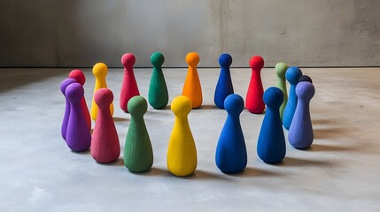 Colorful wooden figures arranged in a harmonious circular formation symbolizing the power of coming together as a united team  This minimalist and modern design conveys a message of inclusivity