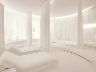 Fototapeta premium Minimalist White Spa Interior Design With Loungers and Curtains Photo