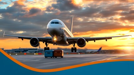 Obraz premium Airline Travel Adventure Concept with Classic Suitcases Stacked on Airport Ground and Jet Airplane Ascending Above Clouds Illuminated by Dramatic Sunset Skies