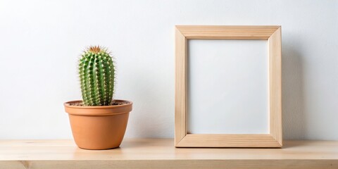 Fototapeta premium Silhouette Cactus Pot & Wooden Frame Shelf - Dramatic Backlit Plant Photography