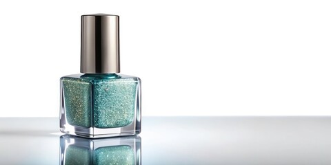 Stunning Glitter Nail Polish Bottle in Diagonal Composition for Product Photography, Flat Lay with Glass Reflection Effect, Perfect for Beauty and Fashion Marketing