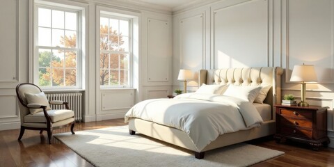 Fototapeta premium Elegant Bedroom Interior Design with Luxurious Upholstered Bed and Classic Armchair, Bathed in Sunlight Streaming Through Large Windows