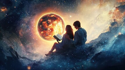 Couple in a sci-fi world, reading a book projected from a floating orb