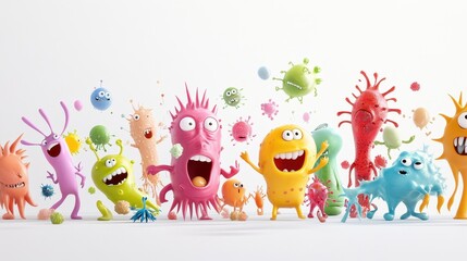 Naklejka premium A whimsical depiction of a bacteria party, animated characters, joyful expressions, isolated on white background