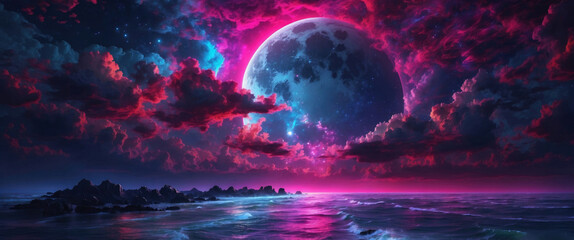  Fantasy Sea Moon Art UHD Wallpaper, 21:9