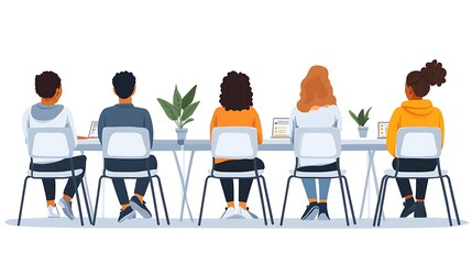 Diverse group meeting, back view, modern office