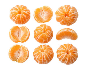 Isolated citrus segments. Collection of tangerine, orange and other citrus fruits peeled segments isolated on white background  