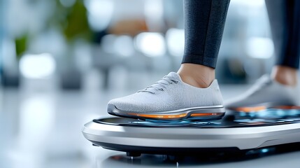 Holographic scale displaying body composition metrics in side view depicting weight and health tracking technology with a cybernetic tone and monochromatic color scheme