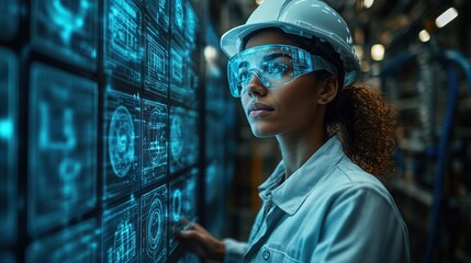 Futuristic Industrial Worker in High-Tech Factory with Holographic Interfaces and Automation Technology