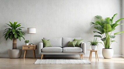 Minimalist Living Room Night Photography: Gray Sofa, Green Plants, Interior Design
