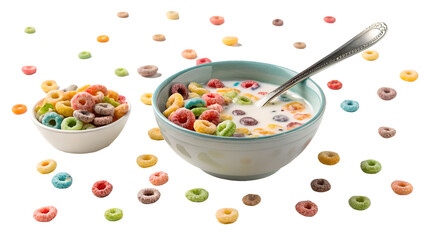 Falling colorful corn rings into bowl, isolated on white background 
