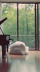Photo of a Grand Piano near a Window with a Forest View Light and Shadows