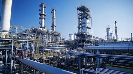 A large industrial plant with many pipes and tanks. The sky is clear and blue. Scene is industrial and powerful