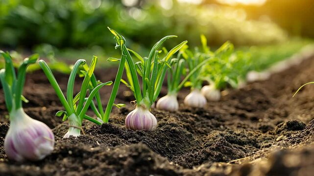 Growing garlic in a garden during sunset with lush green surroundings and rich soil for a vibrant harvest