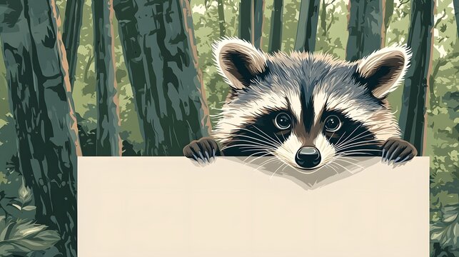 Mischievous raccoon peeking out curiously from behind a blank text area or placard with a lush green forest background featuring tall trees and foliage  Ideal for advertisement branding