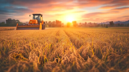 Fototapeta premium Photo of Combine Harvester in Golden Wheat Field During Sunset