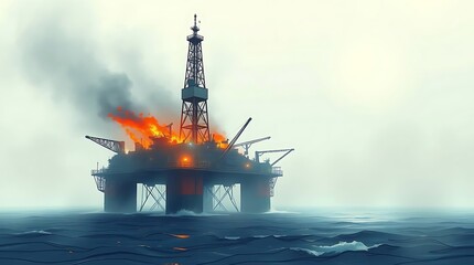 Obraz premium Burning offshore oil rig in a misty sea