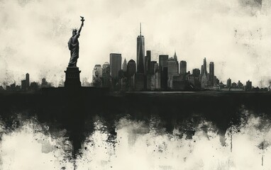 Naklejka premium New York City Skyline Ink Drawing Minimalist Sketch with Statue of Liberty High Contrast