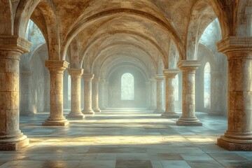 Fototapeta premium Cloisters of Mont Saint Michel Island with Gothic Architecture and Stone Arches